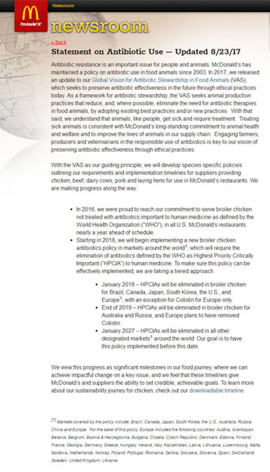 資料圖:麥當(dāng)勞官網(wǎng)發(fā)布逐步停用抗生素的聲明