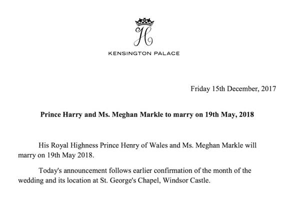 肯辛頓宮官方聲明宣布兩人婚期