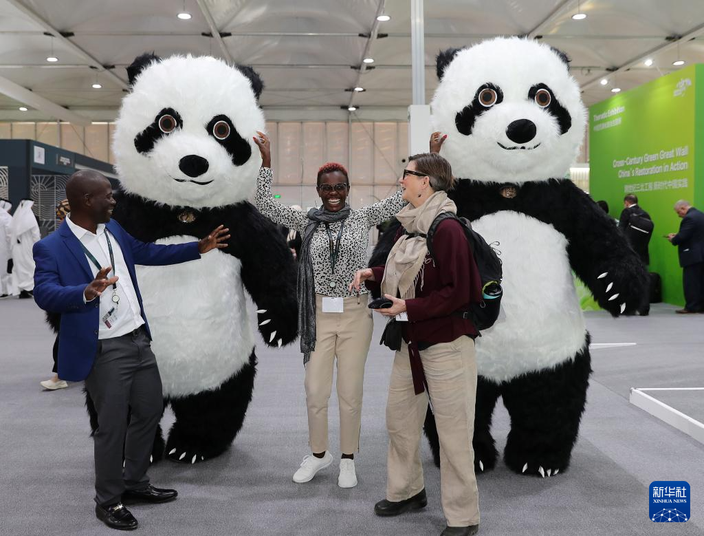 12月2日，在沙特阿拉伯利雅得的聯(lián)合國(guó)防治荒漠化公約大會(huì)中國(guó)館，參會(huì)者和大熊貓人偶合影。新華社記者 王東震 攝