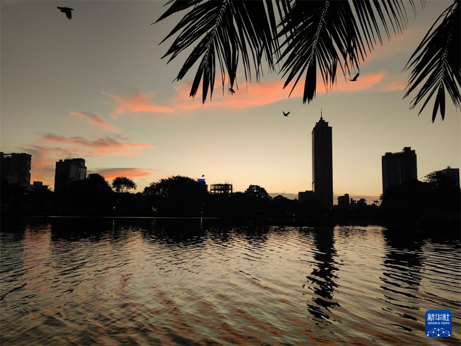這是12月23日在斯里蘭卡科倫坡拍攝的黃昏中的貝拉湖（手機照片）。新華社記者 陳冬書 攝
