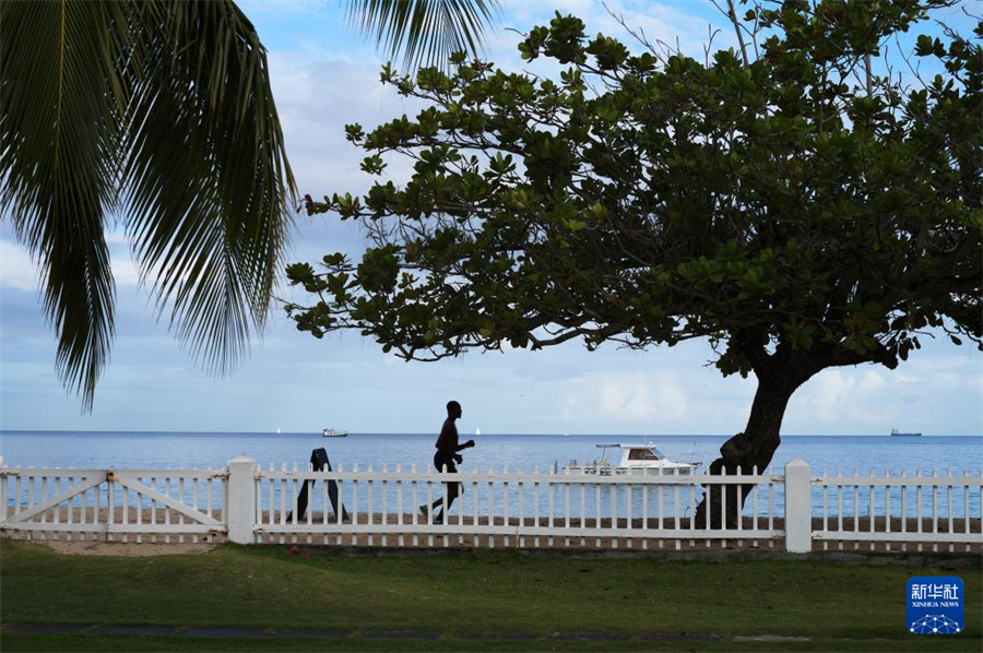 1月7日，一名男子在格林納達首都圣喬治的海邊跑步。新華社記者 趙凱 攝
