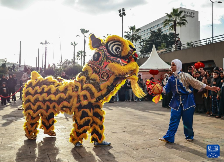 1月17日，在摩洛哥卡薩布蘭卡的“中國廟會”活動現(xiàn)場，摩洛哥青年表演舞獅。新華社記者 霍晶 攝