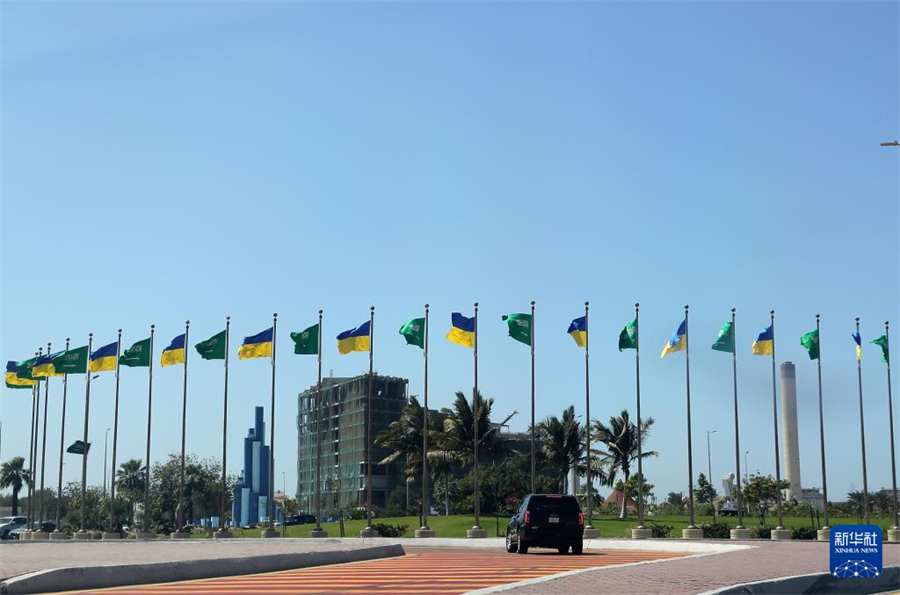 3月10日，在沙特阿拉伯吉達(dá)，沙特阿拉伯和烏克蘭兩國(guó)的國(guó)旗在道路旁飄揚(yáng)。新華社記者 王東震 攝