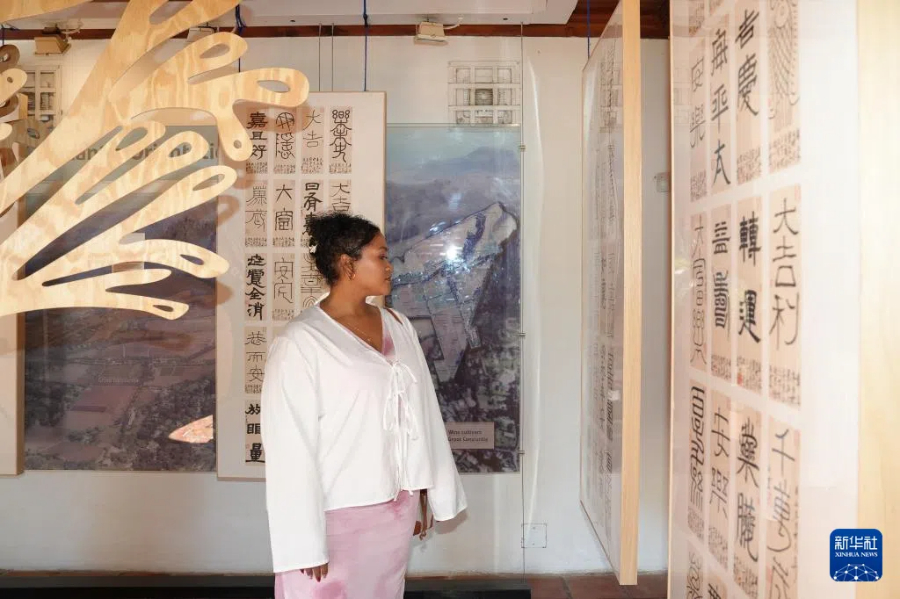 4月17日，在南非開普敦的伊齊科學(xué)習(xí)中心，一名女子在“國際中文日”慶祝活動上參觀漢字藝術(shù)展。新華社記者 王雷 攝