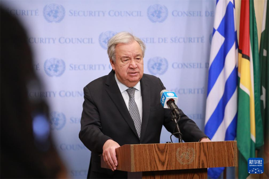 5月5日，在位于紐約的聯(lián)合國總部，聯(lián)合國秘書長古特雷斯在記者見面會上講話。新華社記者 謝鍔 攝