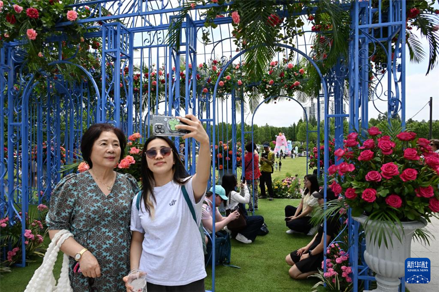 5月22日，在韓國(guó)首爾，游客與園藝作品合影。新華社發(fā)（全休相攝）