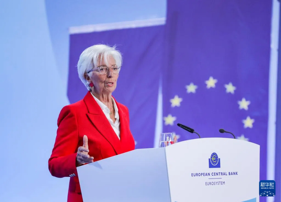 6月5日，歐洲中央銀行行長拉加德出席在德國法蘭克福歐洲央行總部舉行的新聞發(fā)布會。新華社記者 張帆 攝