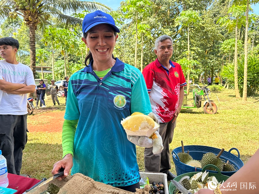 當(dāng)?shù)孛癖娫诖号罡麍@品嘗榴蓮。人民網(wǎng)記者 孫廣勇攝