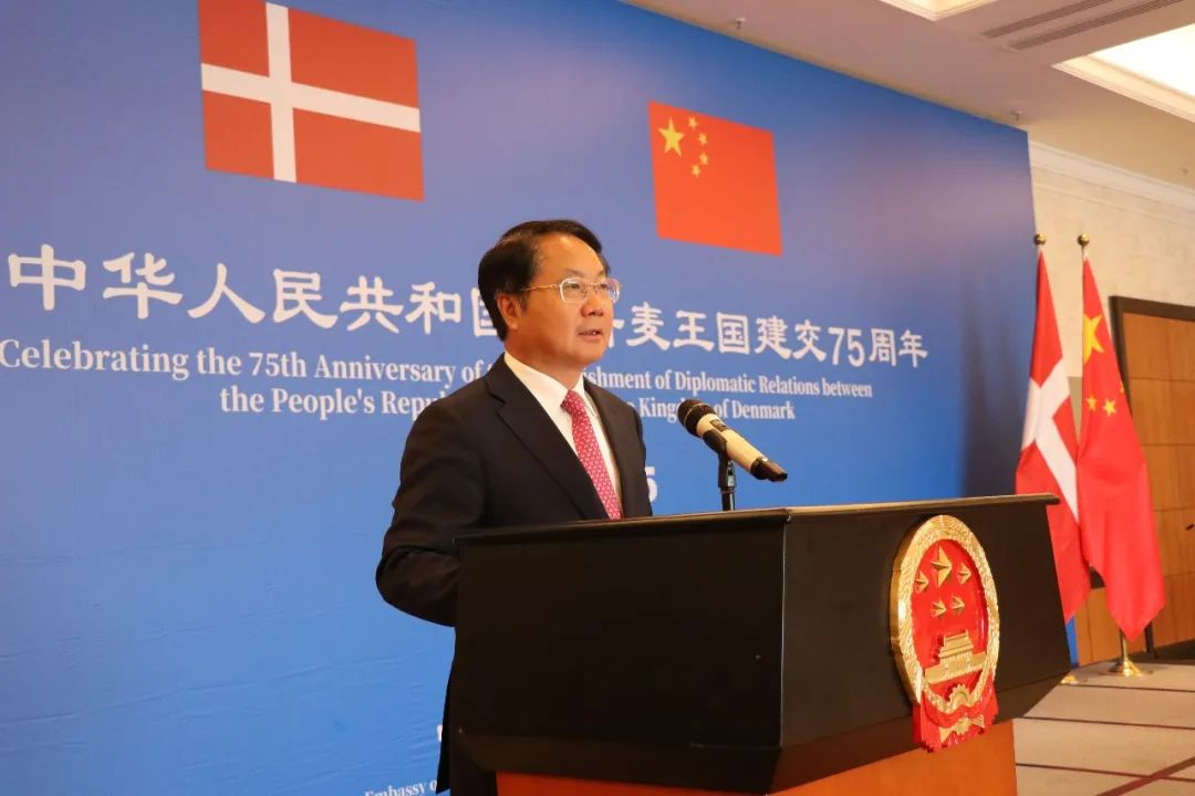 中國駐丹麥大使王雪峰出席招待會并致辭。中國駐丹麥大使館供圖