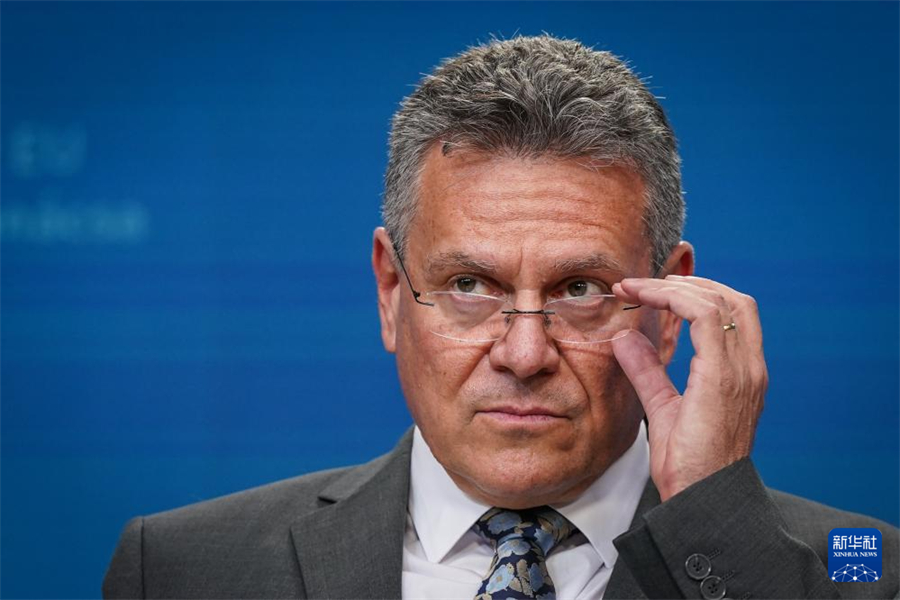 7月14日，在比利時布魯塞爾，歐盟委員會負責(zé)貿(mào)易和經(jīng)濟安全等事務(wù)的委員謝夫喬維奇出席新聞發(fā)布會。新華社記者 彭子洋 攝