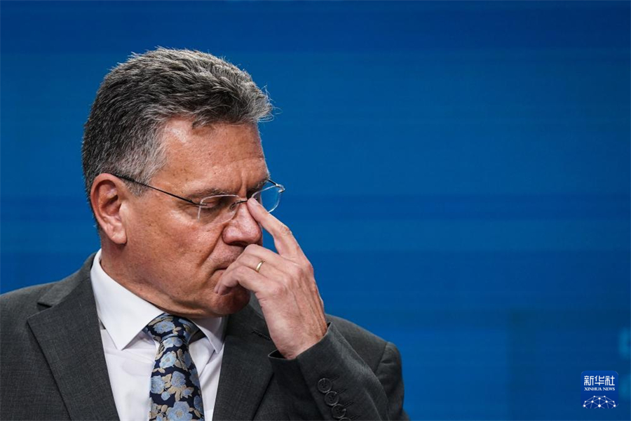 7月14日，在比利時布魯塞爾，歐盟委員會負責(zé)貿(mào)易和經(jīng)濟安全等事務(wù)的委員謝夫喬維奇出席新聞發(fā)布會。新華社記者 彭子洋 攝