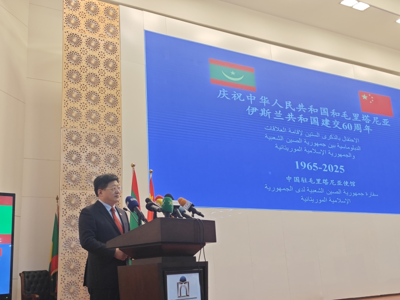 中國(guó)駐毛里塔尼亞大使唐中東在活動(dòng)中發(fā)言。 中國(guó)駐毛里塔尼亞大使館供圖