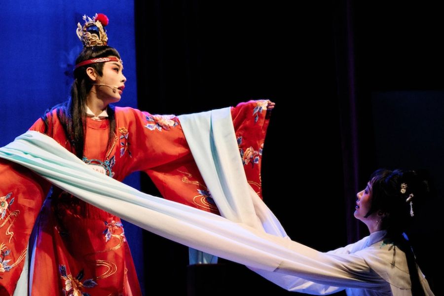 越劇表演藝術(shù)家陳麗君（飾賈寶玉）、徐虹（飾薛寶釵）、鄭曉（飾林黛玉）表演 越劇《紅樓夢·葬花吟》楊浩鵬攝