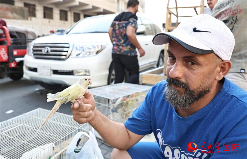 一名顧客在把玩鸚鵡。人民網(wǎng) 伊納斯·易卜拉欣攝
