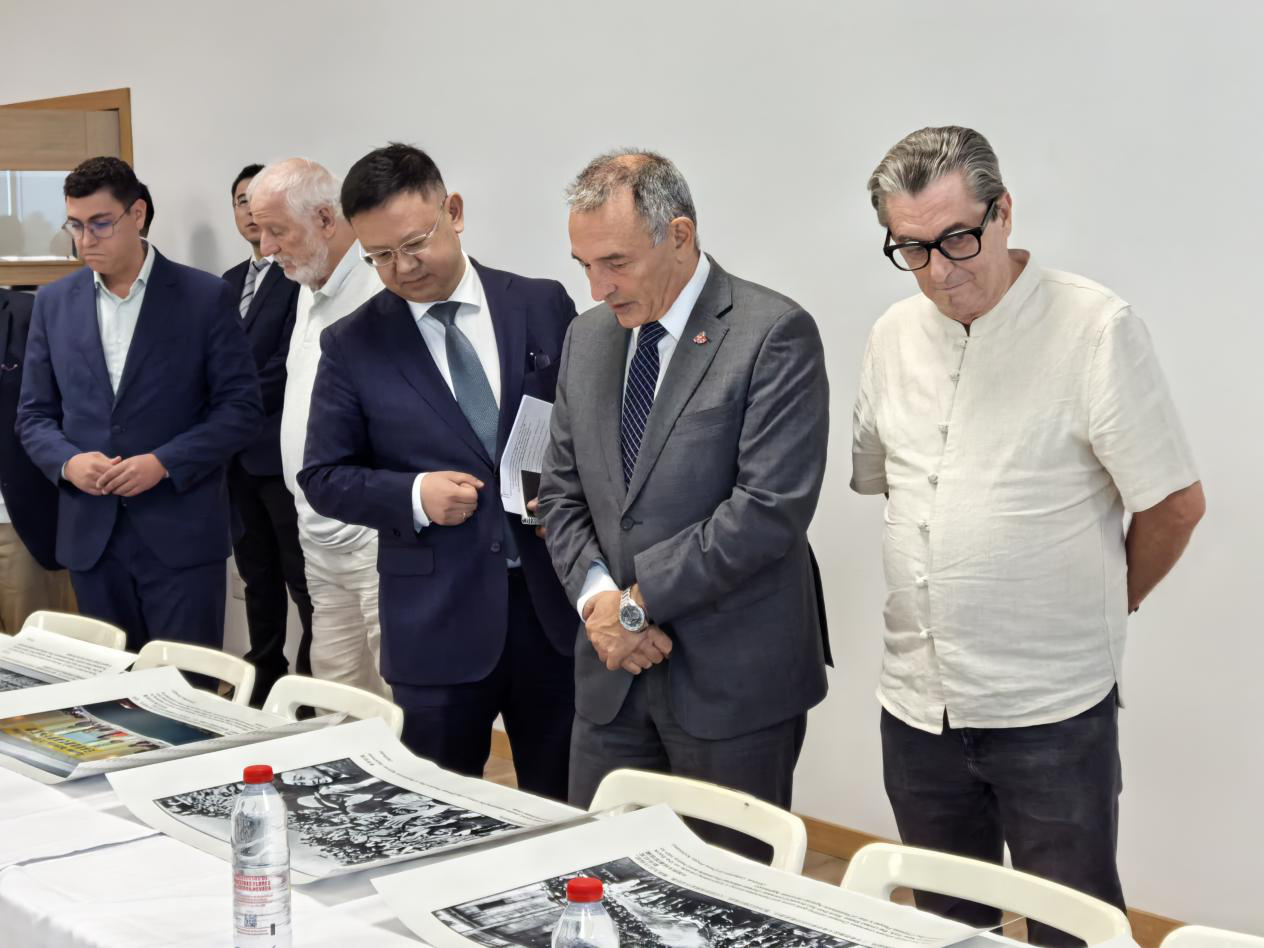 出席研討會的嘉賓參觀紀念中國人民抗戰(zhàn)勝利圖片展。中國駐西班牙大使館供圖