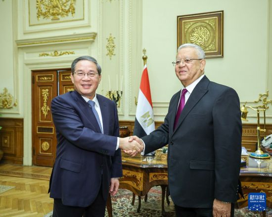 當(dāng)?shù)貢r間7月9日，國務(wù)院總理李強在開羅會見埃及眾議長賈巴利。新華社記者 劉彬 攝