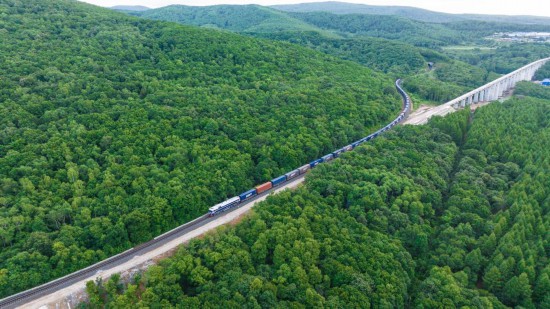 穿越在林海間的中歐班列。（中國(guó)鐵路哈爾濱局集團(tuán)有限公司供圖）