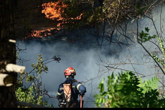 8月8日，希臘首都雅典東南約35公里的凱拉泰阿鎮(zhèn)出現(xiàn)嚴(yán)重火情，消防員奮力滅火。新華社發(fā)（馬里奧斯·羅洛斯攝）
