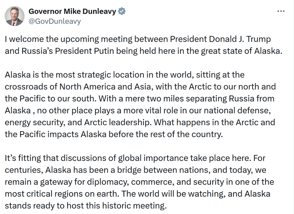 阿拉斯加州州長邁克·鄧利維在社交媒體上的發(fā)文截圖